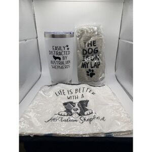 Australian Shepherd Gift Set – Tumbler, Makeup Bag, Socks, Straw & Brush – New